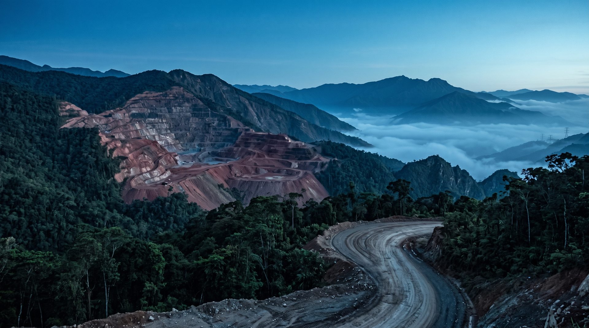 Frente minero remoto en la montaña colombiana, con vía destapada entre la selva