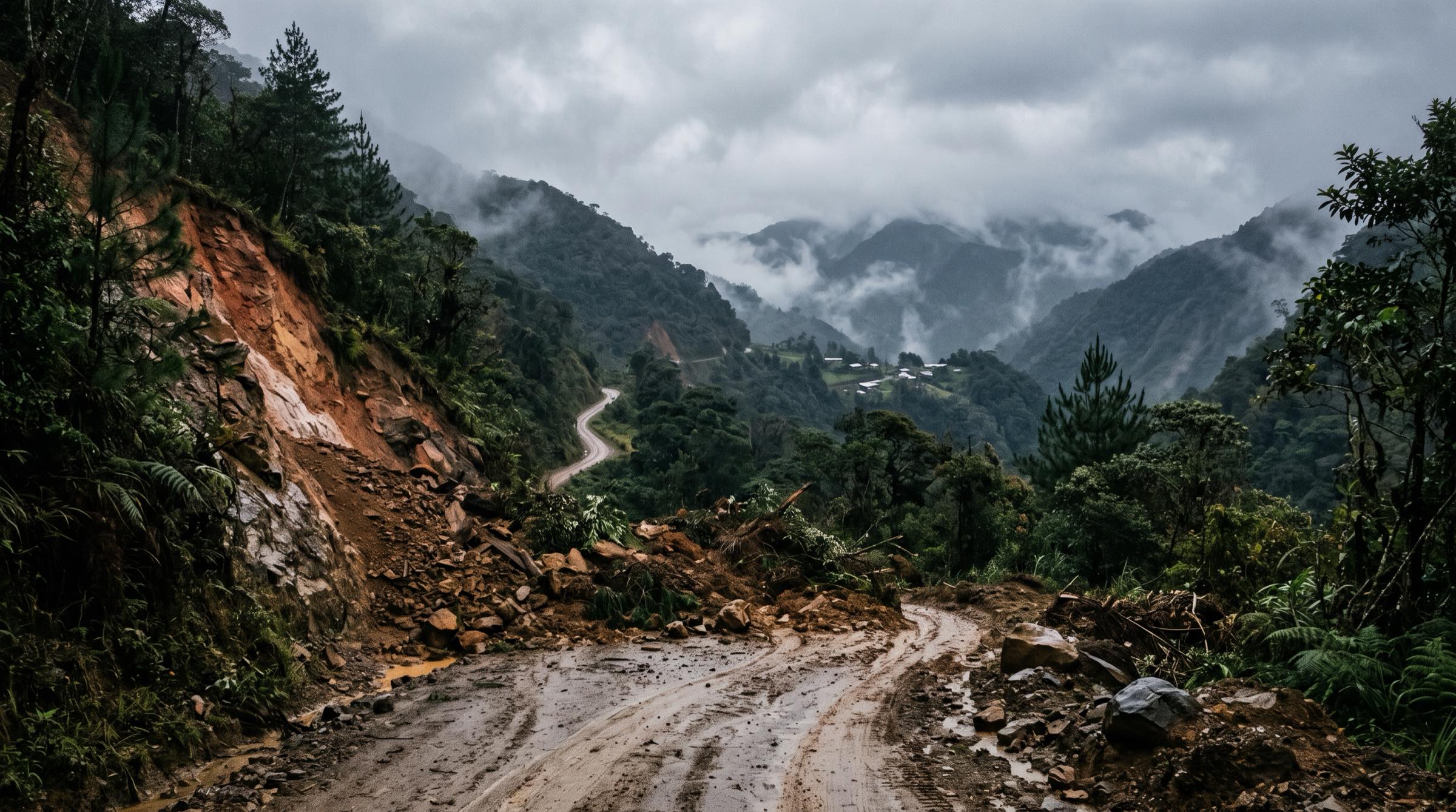 Vía rural de montaña cortada por un derrumbe