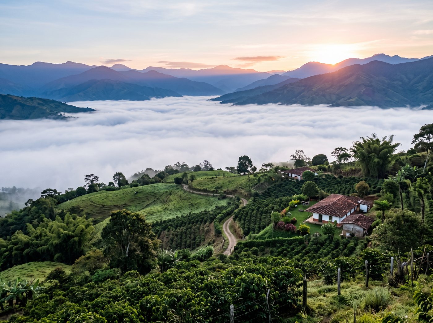 Valle rural colombiano al amanecer, con niebla llenando el fondo